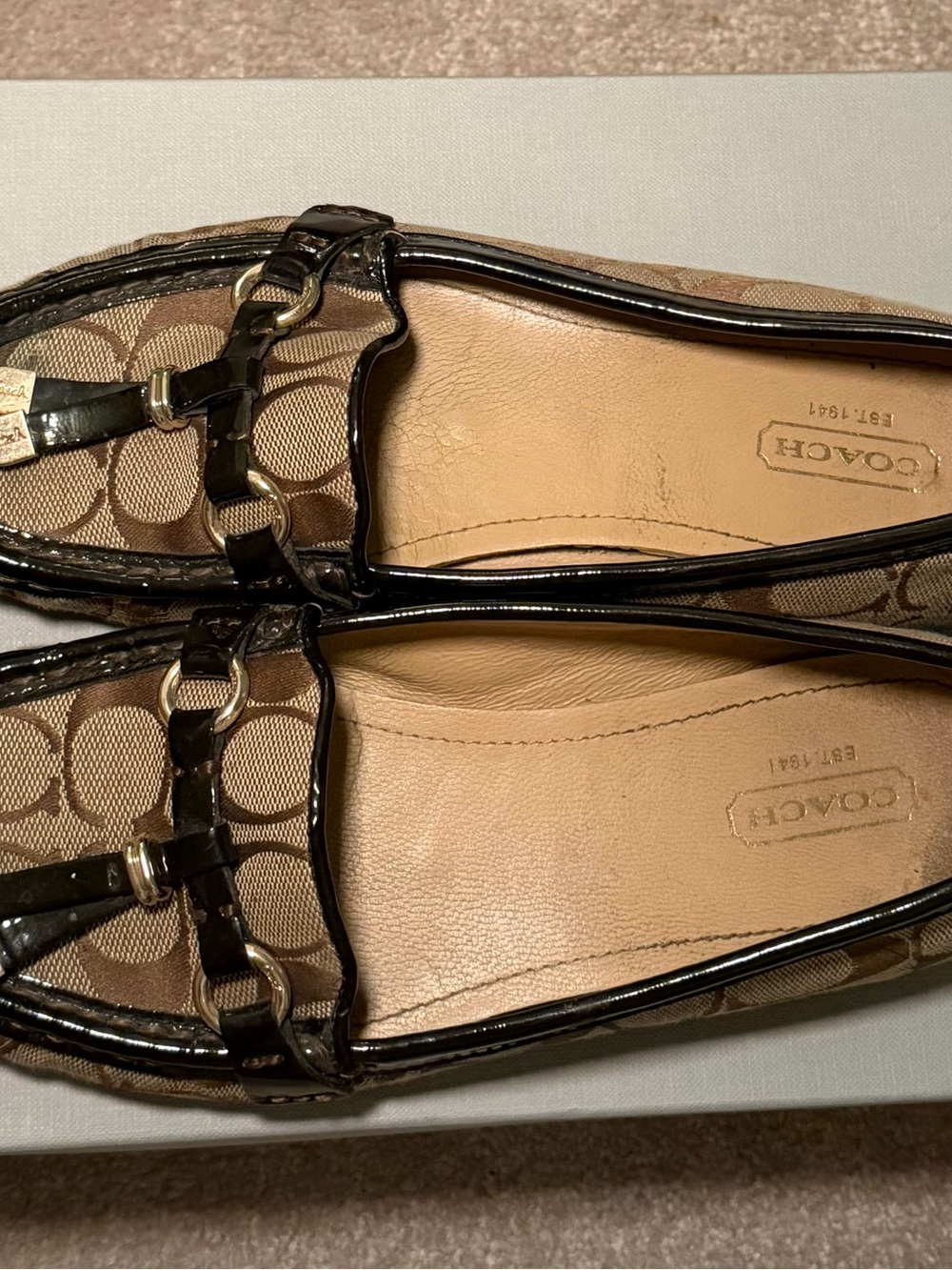 Coach Brown Signature Canvas Loafers with Black Patent Trim